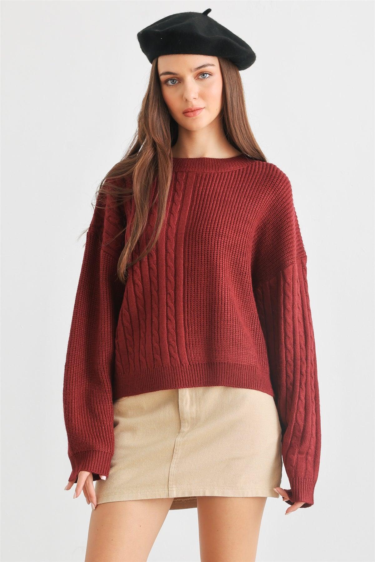 Burgundy Cable Knit Crew Neck Long Sleeve Sweater /1-2-2-1