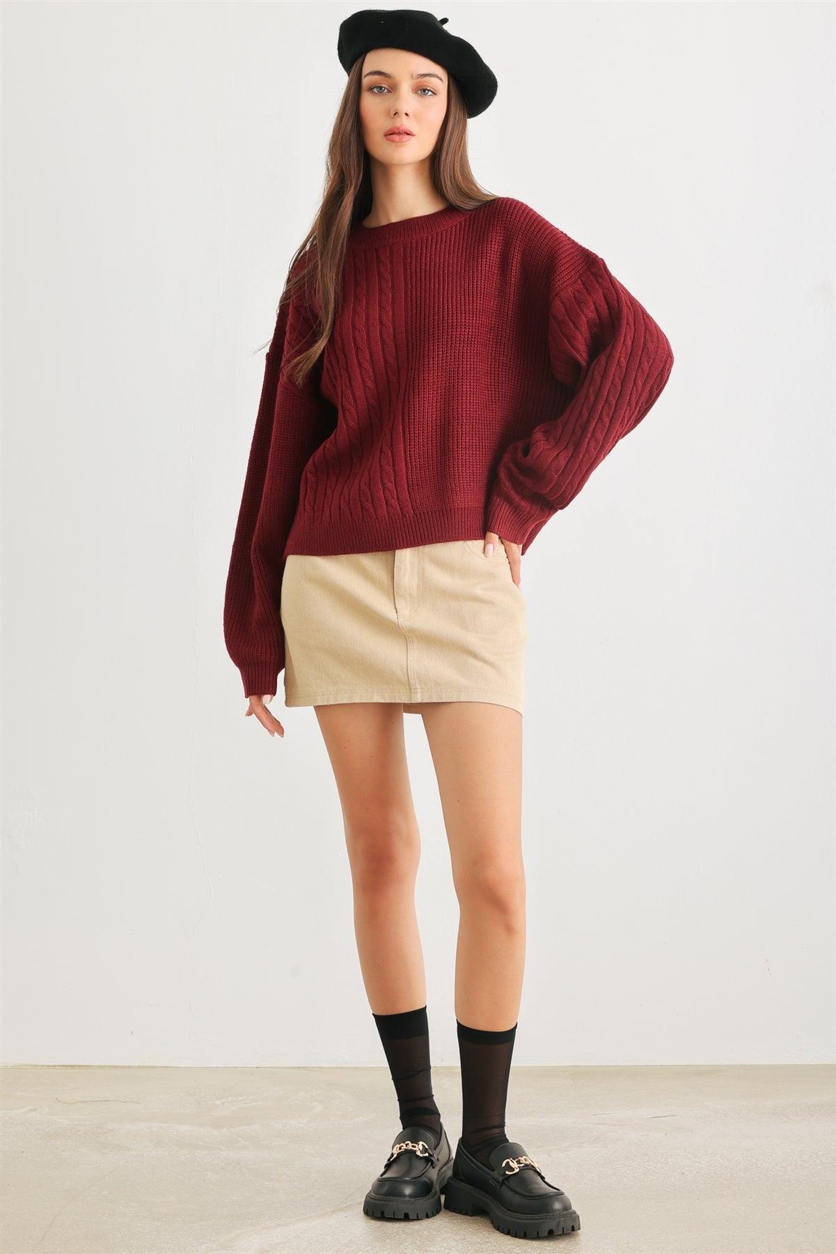 Burgundy Cable Knit Crew Neck Long Sleeve Sweater /1-2-2-1