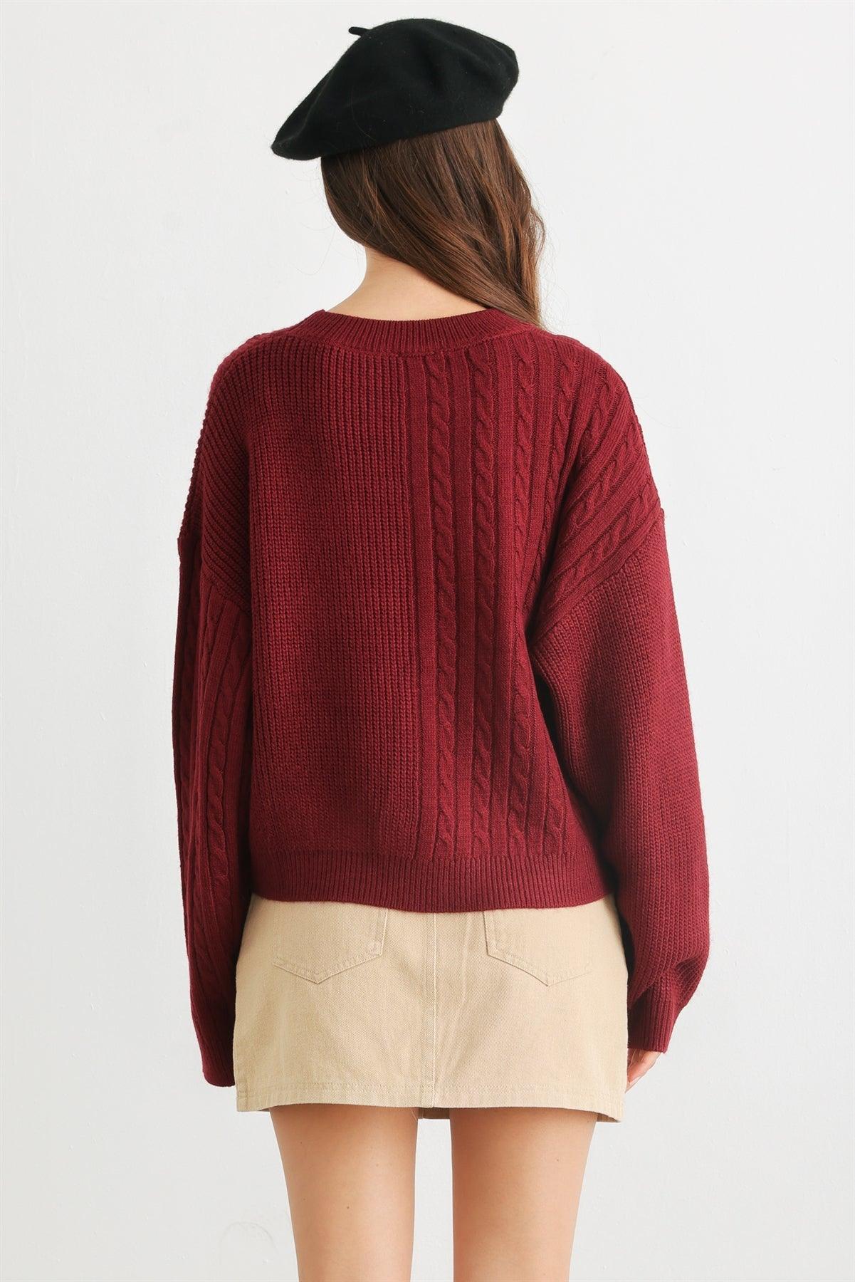 Burgundy Cable Knit Crew Neck Long Sleeve Sweater /2-2-1-1