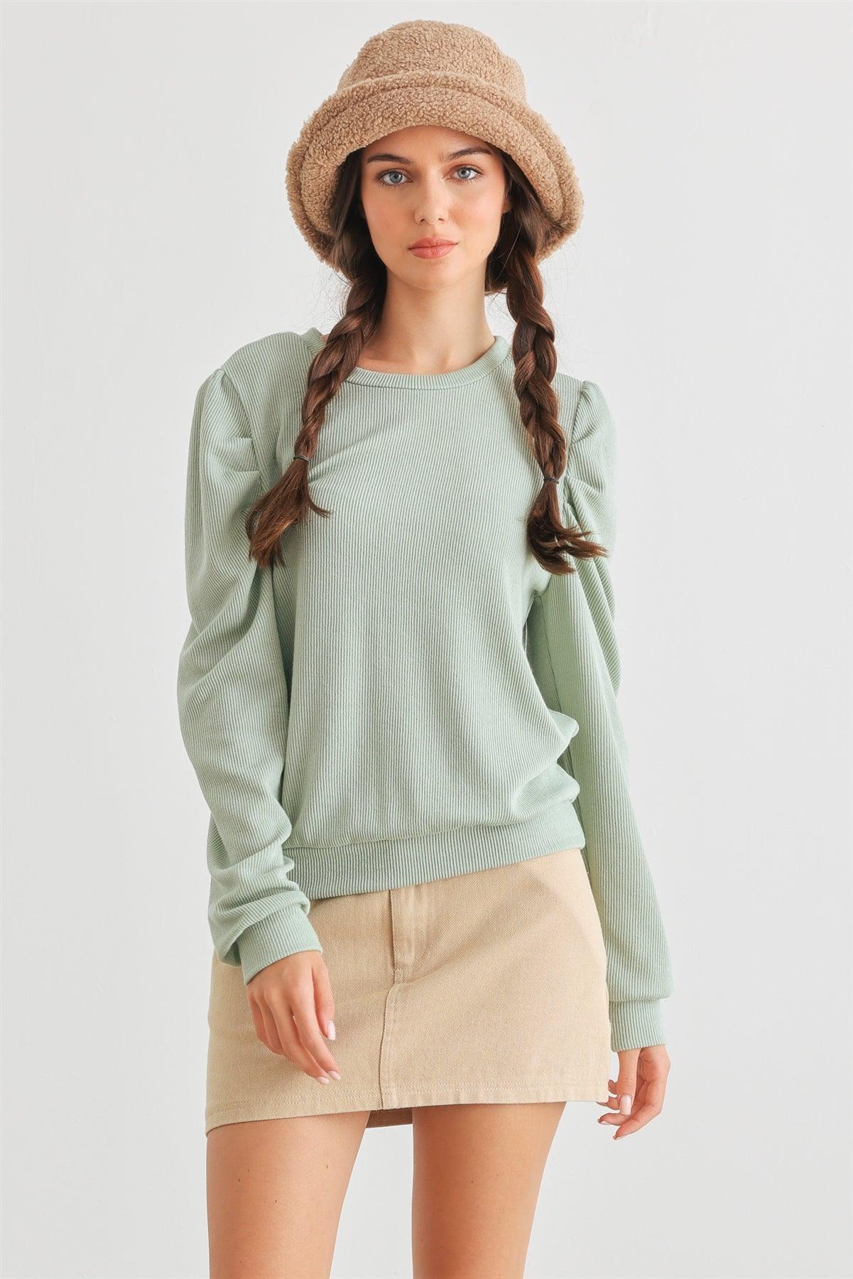 Sage Ribbed Crew Neck Long Sleeve Top /2-2-2