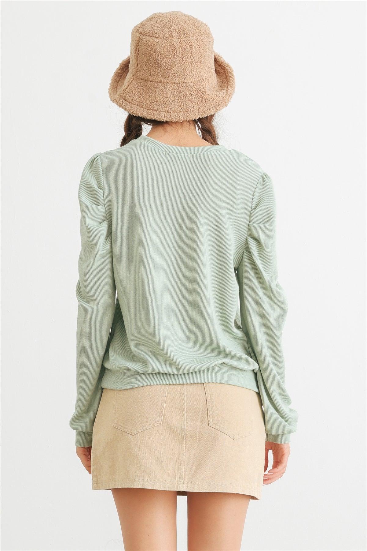 Sage Ribbed Crew Neck Puff Long Sleeve Top /2-2-2