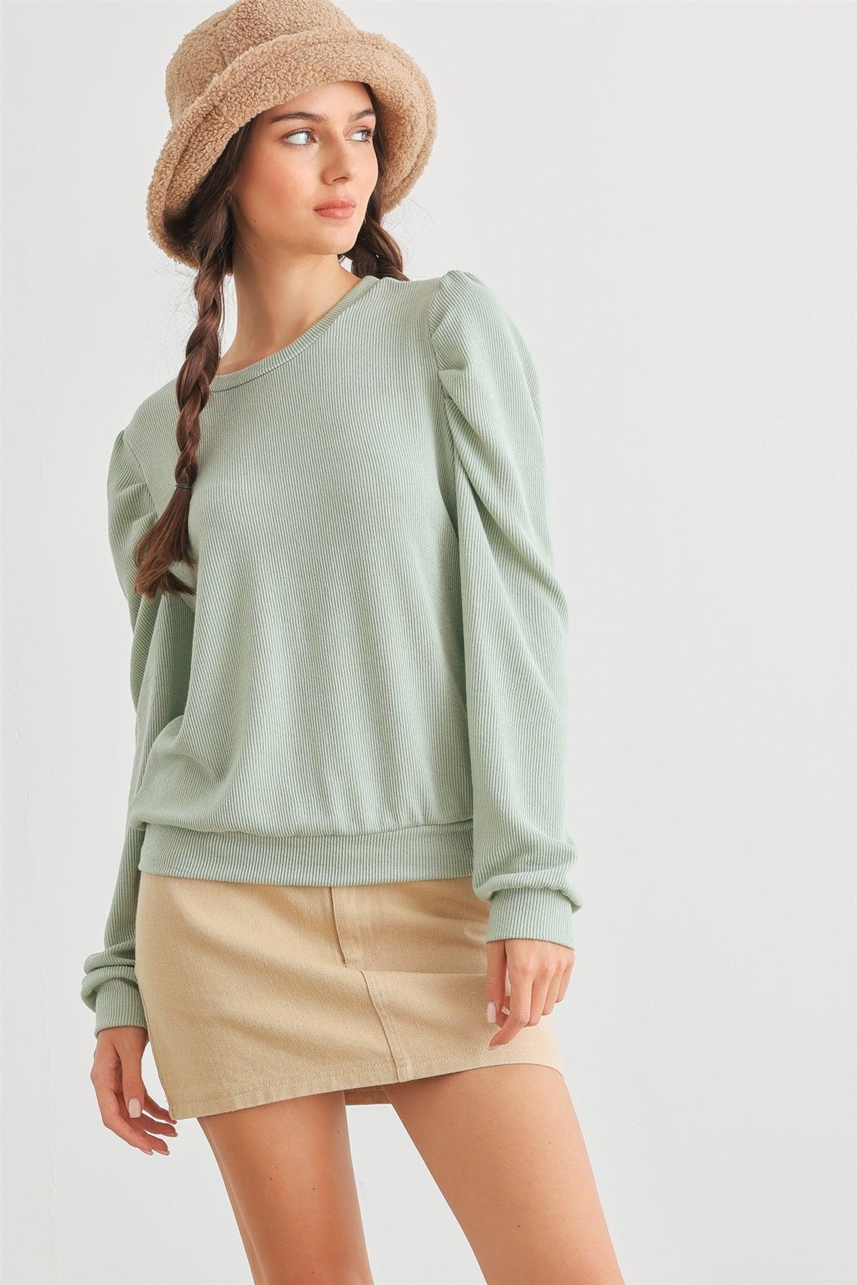 Sage Ribbed Crew Neck Puff Long Sleeve Top /2-2-2