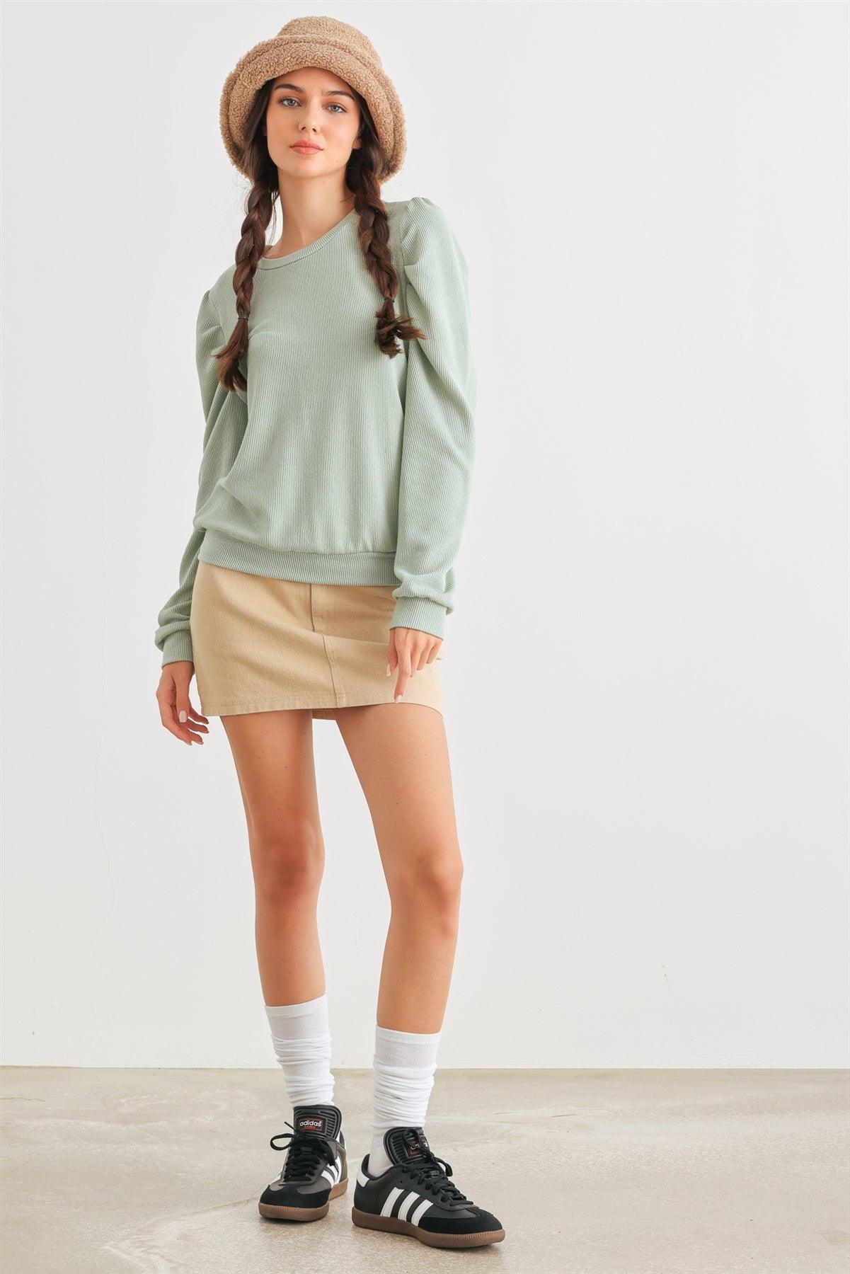 Sage Ribbed Crew Neck Puff Long Sleeve Top /2-2-2