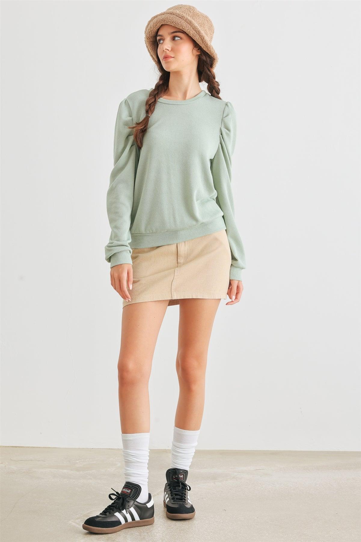 Sage Ribbed Crew Neck Puff Long Sleeve Top /2-2-2