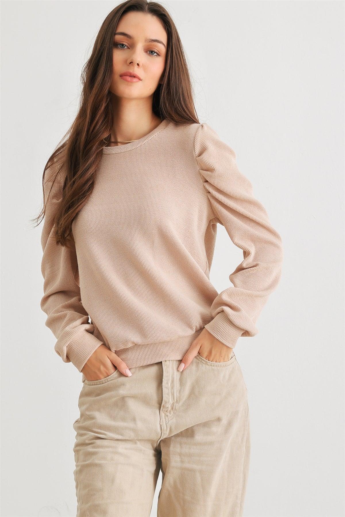 Sand Ribbed Crew Neck Long Sleeve Top /2-2-2