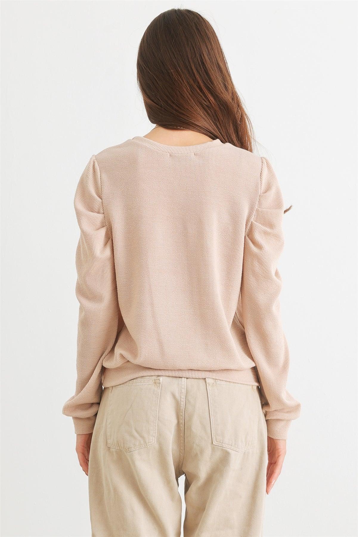 Sand Ribbed Crew Neck Puff Long Sleeve Top /2-2-2