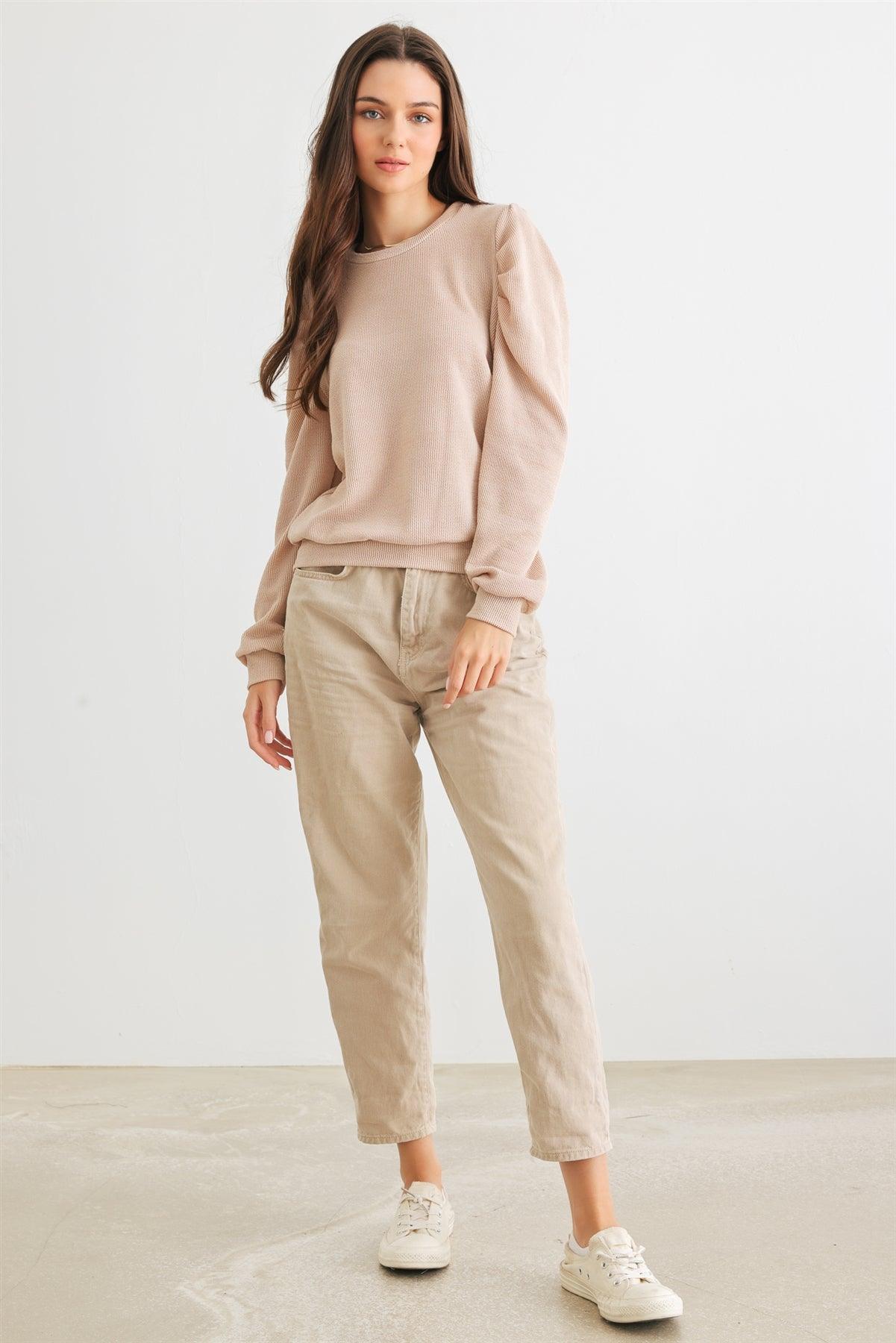 Sand Ribbed Crew Neck Puff Long Sleeve Top /2-2-2