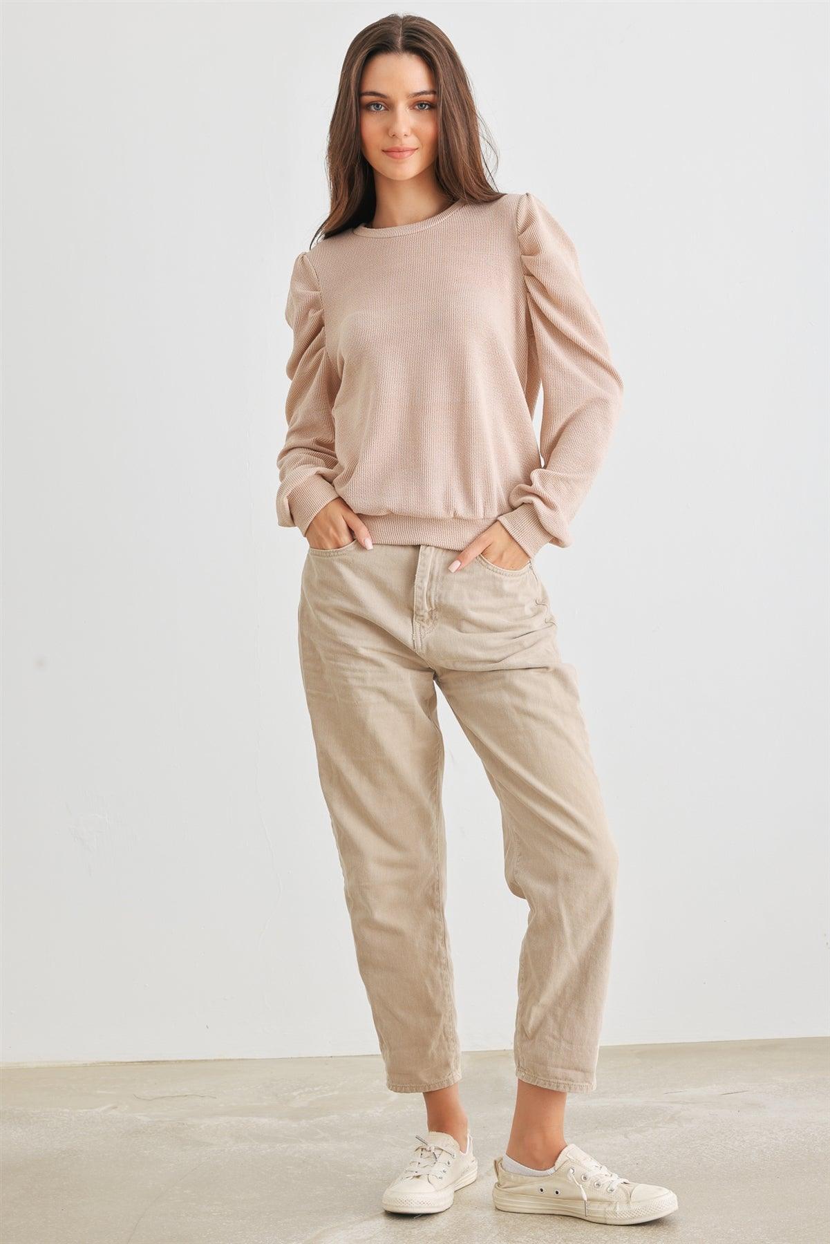 Sand Ribbed Crew Neck Puff Long Sleeve Top /2-2-2