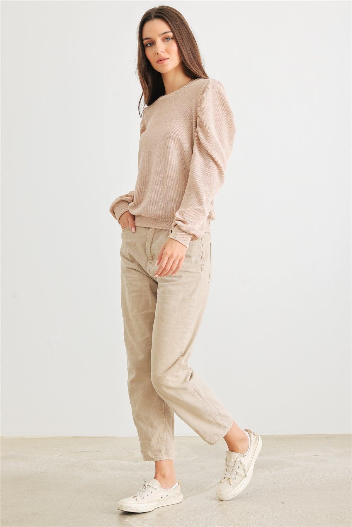 Sand Ribbed Crew Neck Puff Long Sleeve Top /2-2-2