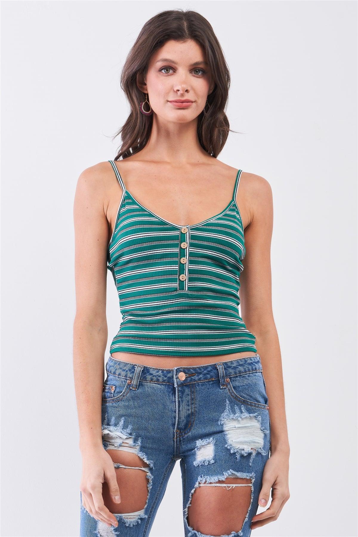 Green Striped Sleeveless V-Neck Button Front Cami Top /1-2-2