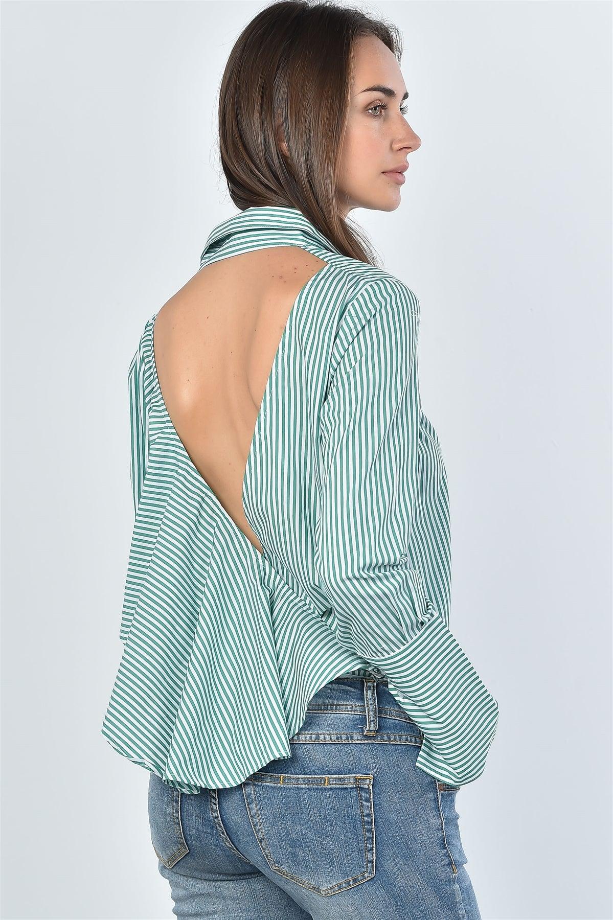 Green Stripe Print  Back Layered Ruffle Cut Out Bodysuit /3-2-1