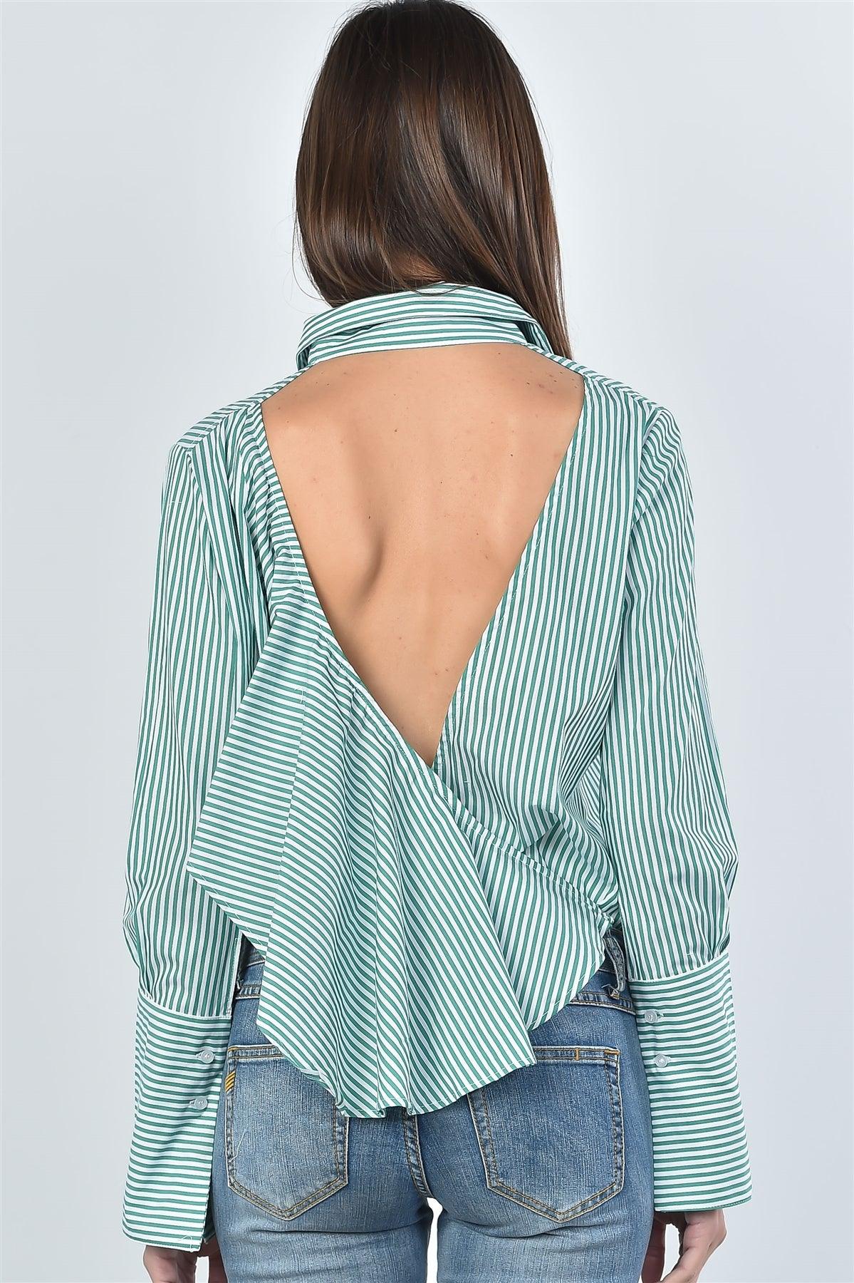 Green Stripe Print  Back Layered Ruffle Cut Out Bodysuit /3-2-1