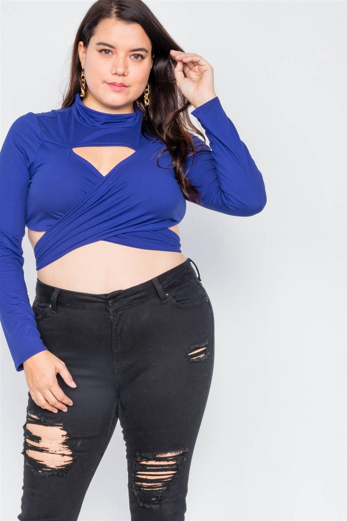 Junior Plus Size Royal Blue Suede Wrap Turtleneck Crop-Top /2-2-2