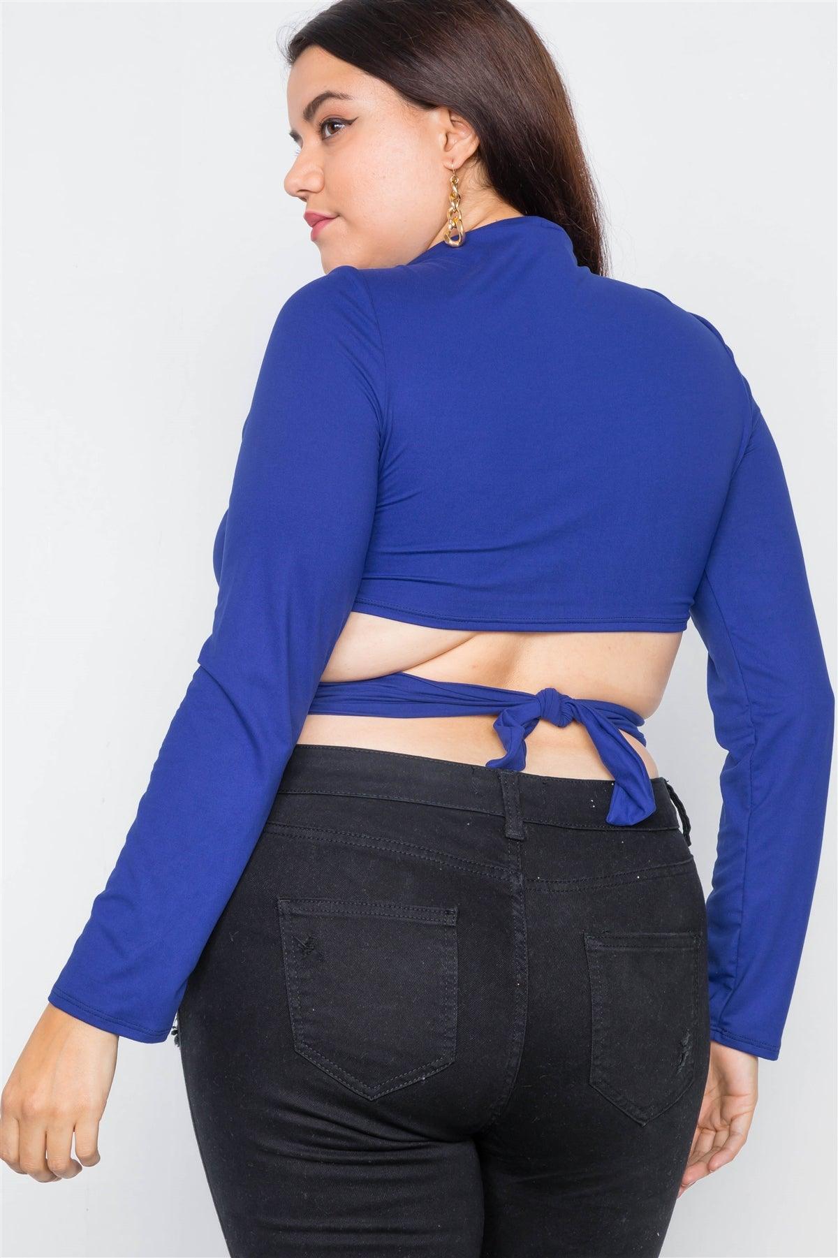 Junior Plus Size Royal Blue Suede Wrap Turtleneck Crop-Top /2-2-2