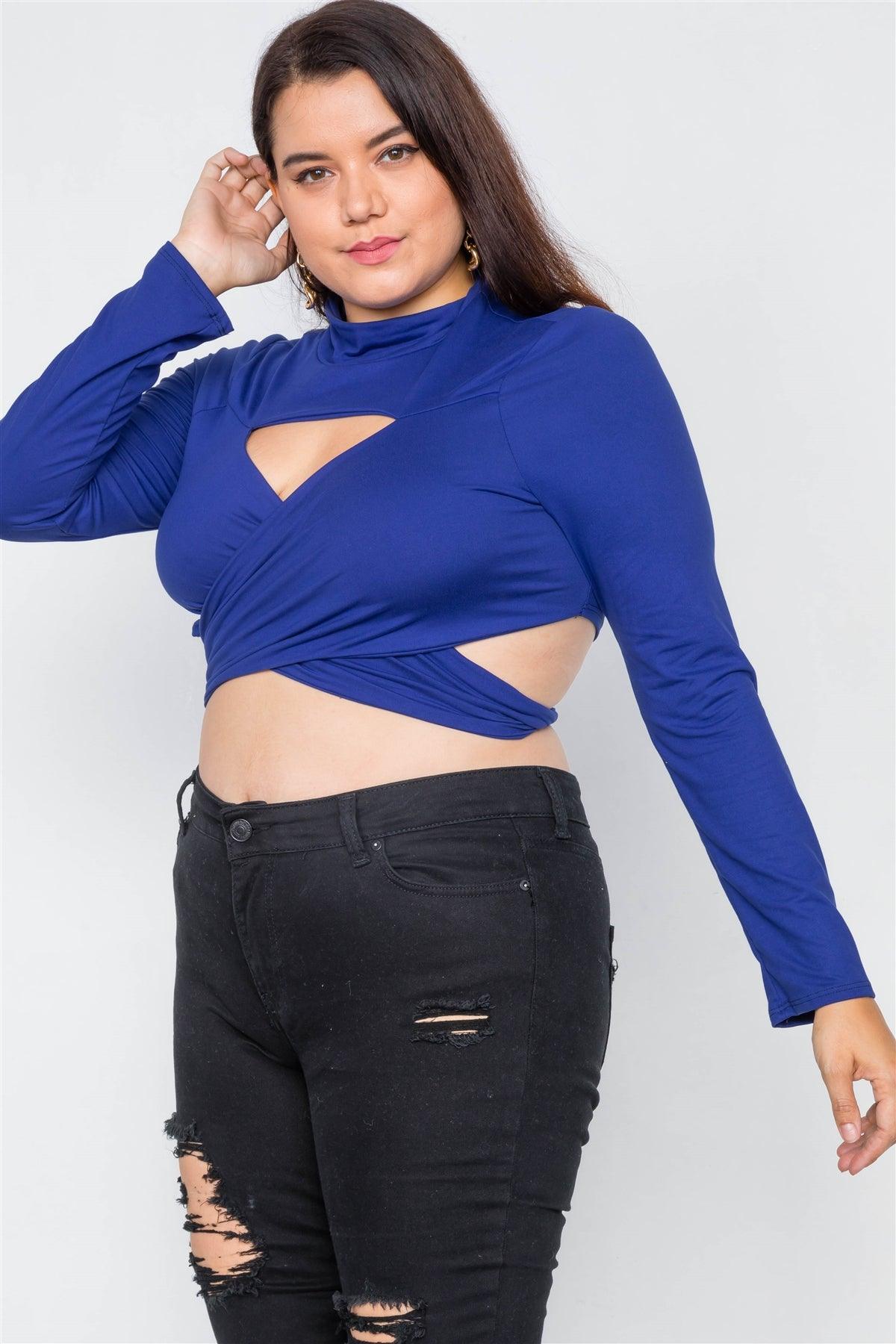 Junior Plus Size Royal Blue Suede Wrap Turtleneck Crop-Top /2-2-2