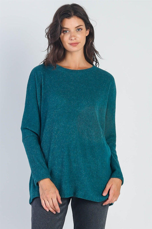 Hunter Green Flannel Ribbed Dolman Sleeve Sweater /1-1-1