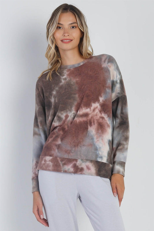 Brown Tie-Dye Crew Neck Long Sleeve Sweater /1-1-1