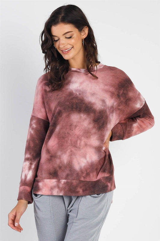 Mauve Tie-Dye Crew Neck Long Sleeve Sweater /1-1-1