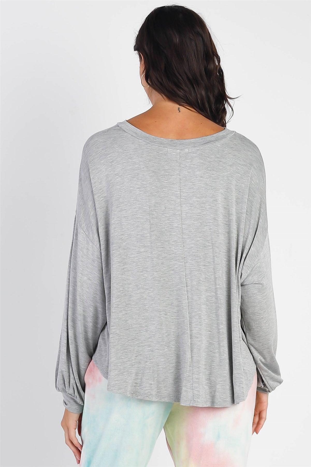 Heather Grey Long Balloon Sleeve Uneven Hem Top /1-1-1