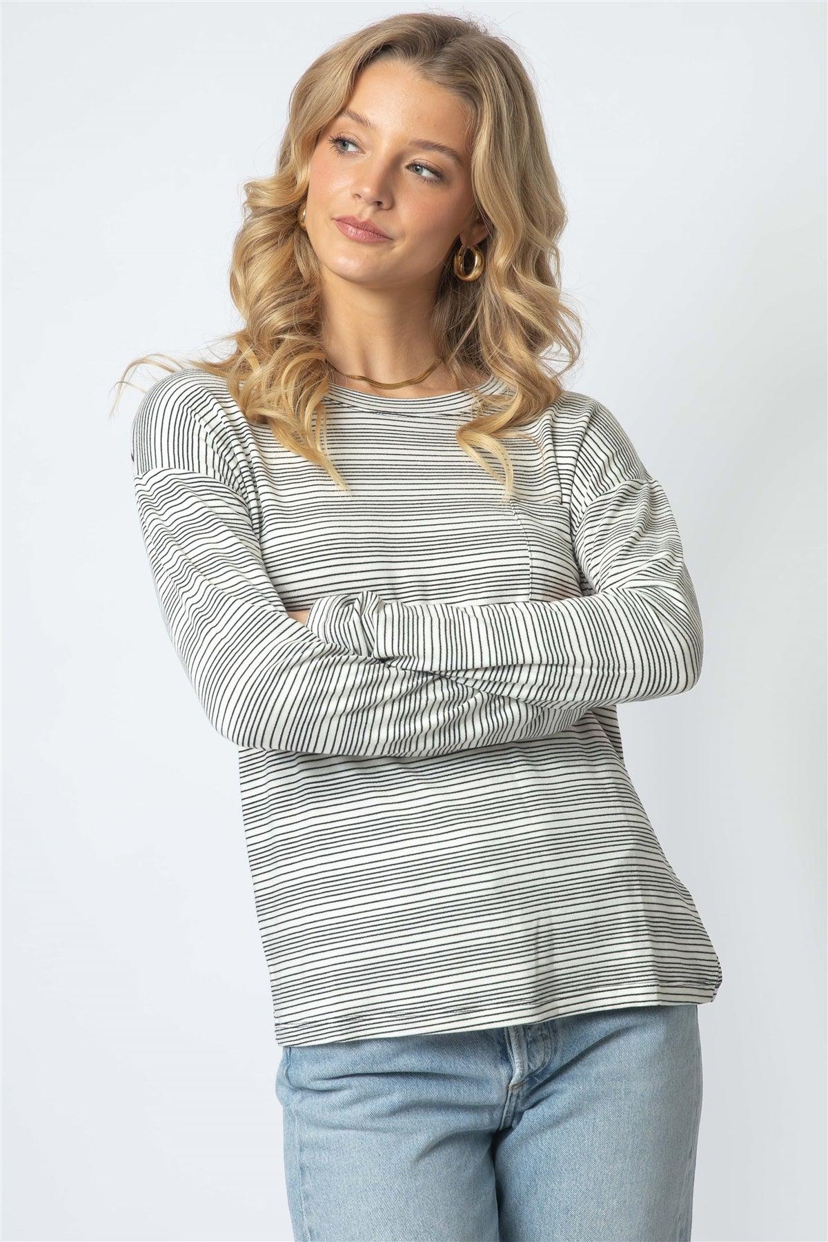 Black & Cream Stripe Long Sleeve Top /1-1-1