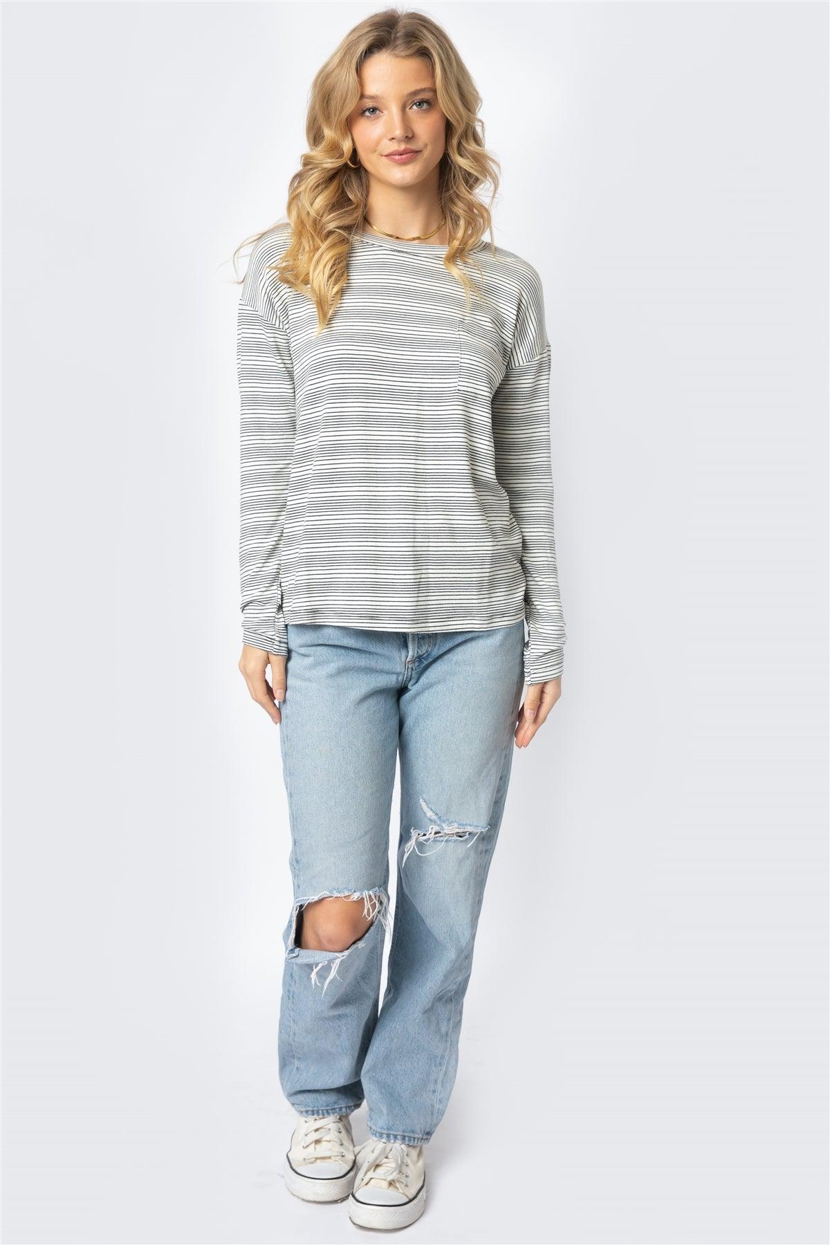 Black & Cream Stripe Long Sleeve Top /1-1-1