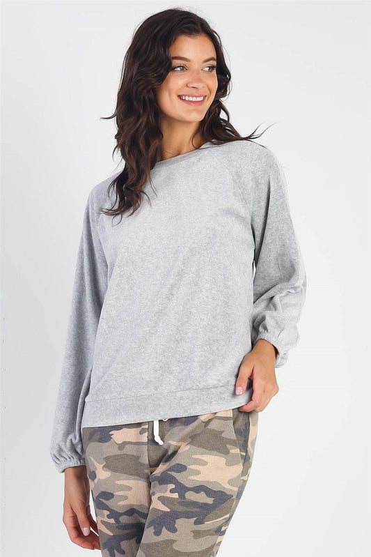 Heather Grey Cotton Blend Velour Balloon Long Sleeve Sweater /1-1-1