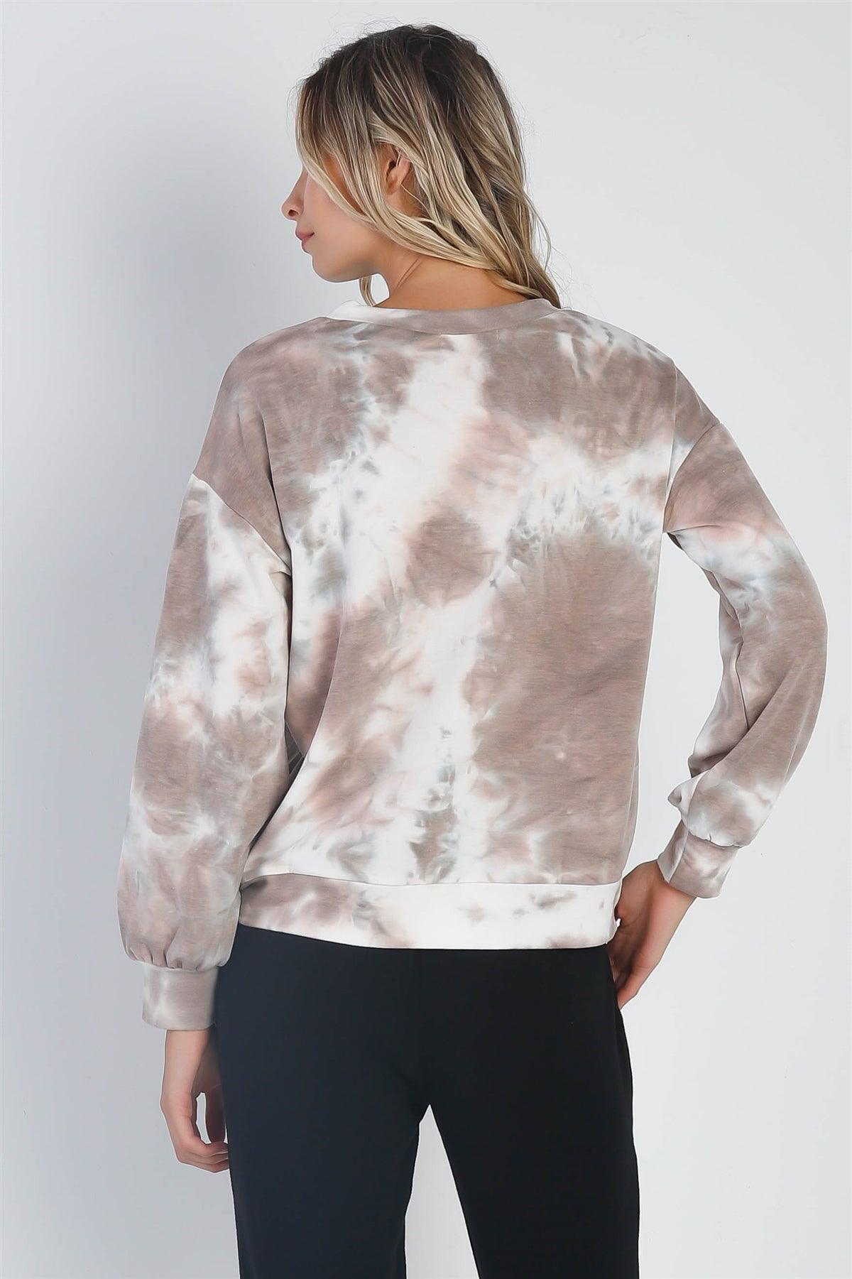 Mocha Tie-Dye Print Round Neck Long Sleeve Hem Detail Top /1-1-1