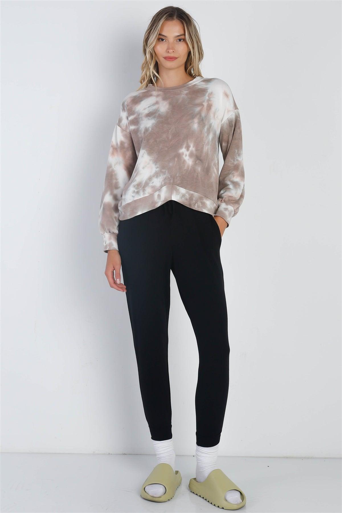 Mocha Tie-Dye Print Round Neck Long Sleeve Hem Detail Top /1-1-1