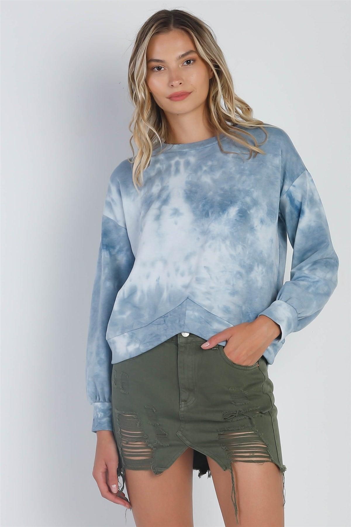 Teal Tie-Dye Print Round Neck Long Sleeve Hem Detail Top /1-1-1