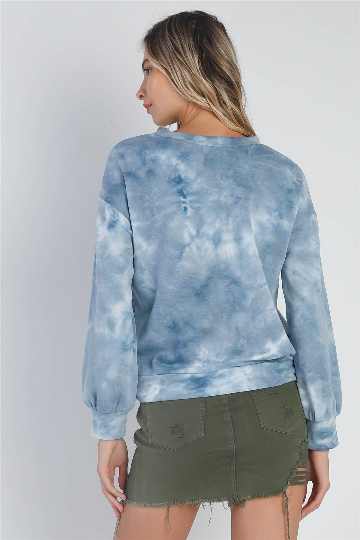 Teal Tie-Dye Print Round Neck Long Sleeve Hem Detail Top /1-1-1