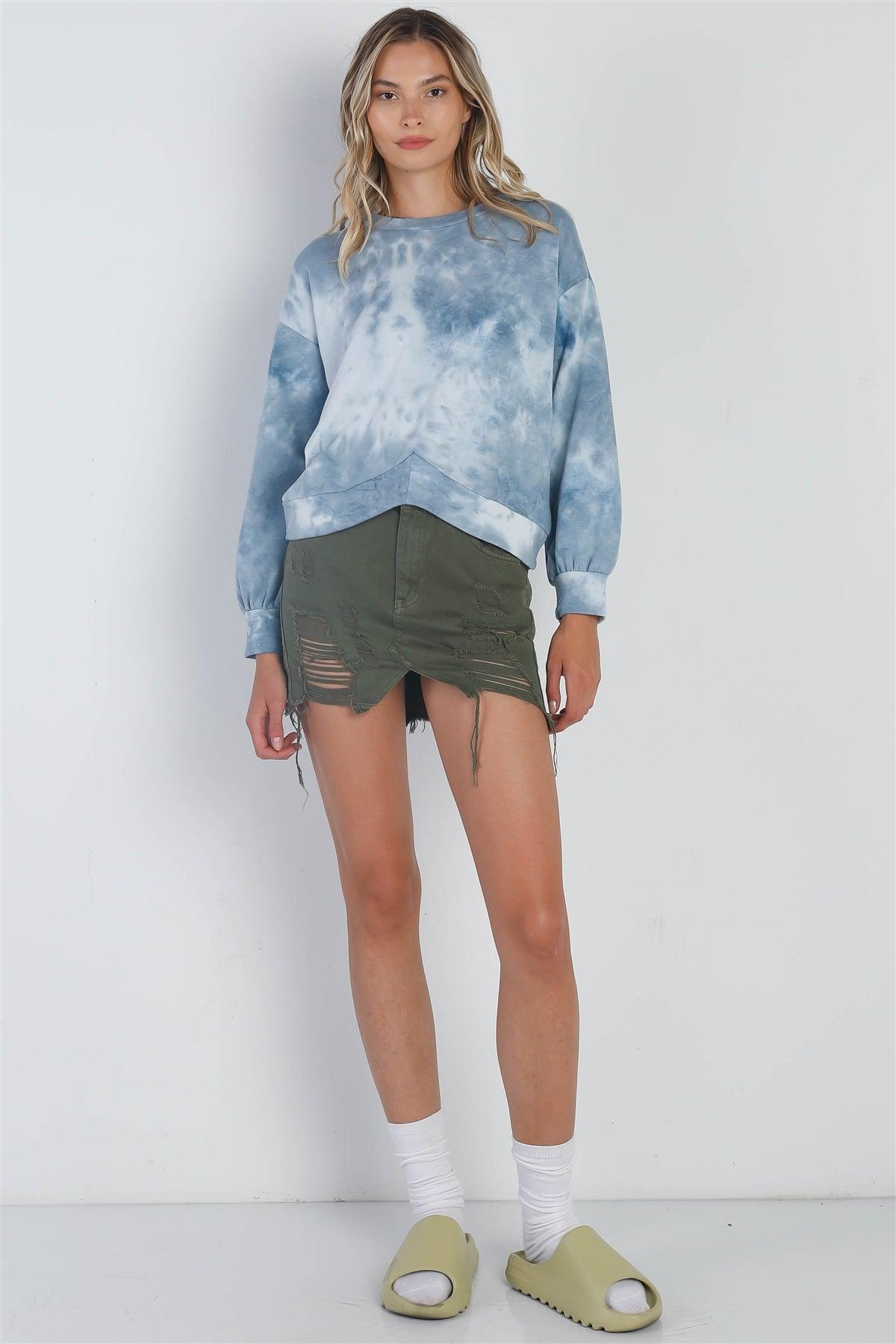 Teal Tie-Dye Print Round Neck Long Sleeve Hem Detail Top /1-1-1