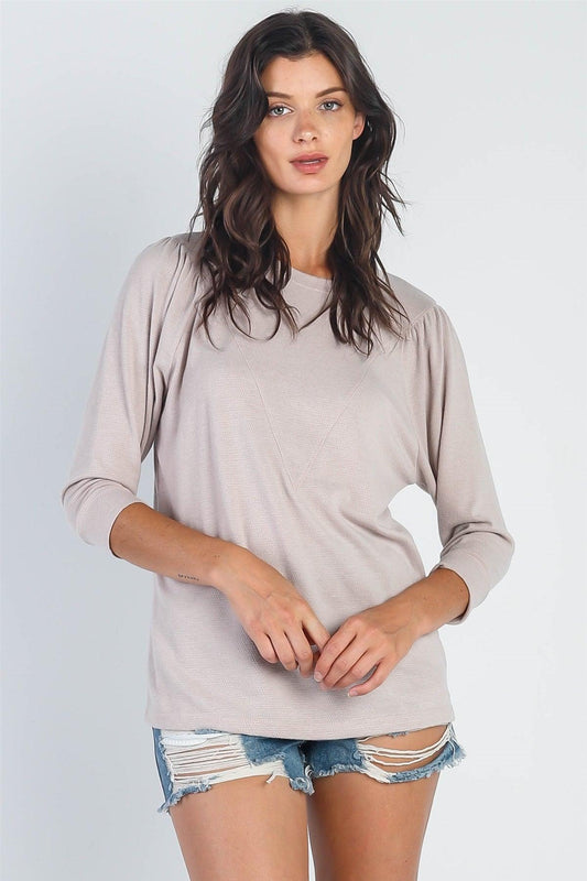 Taupe Textured Crew Neck Midi Sleeve Sweater /1-1-1