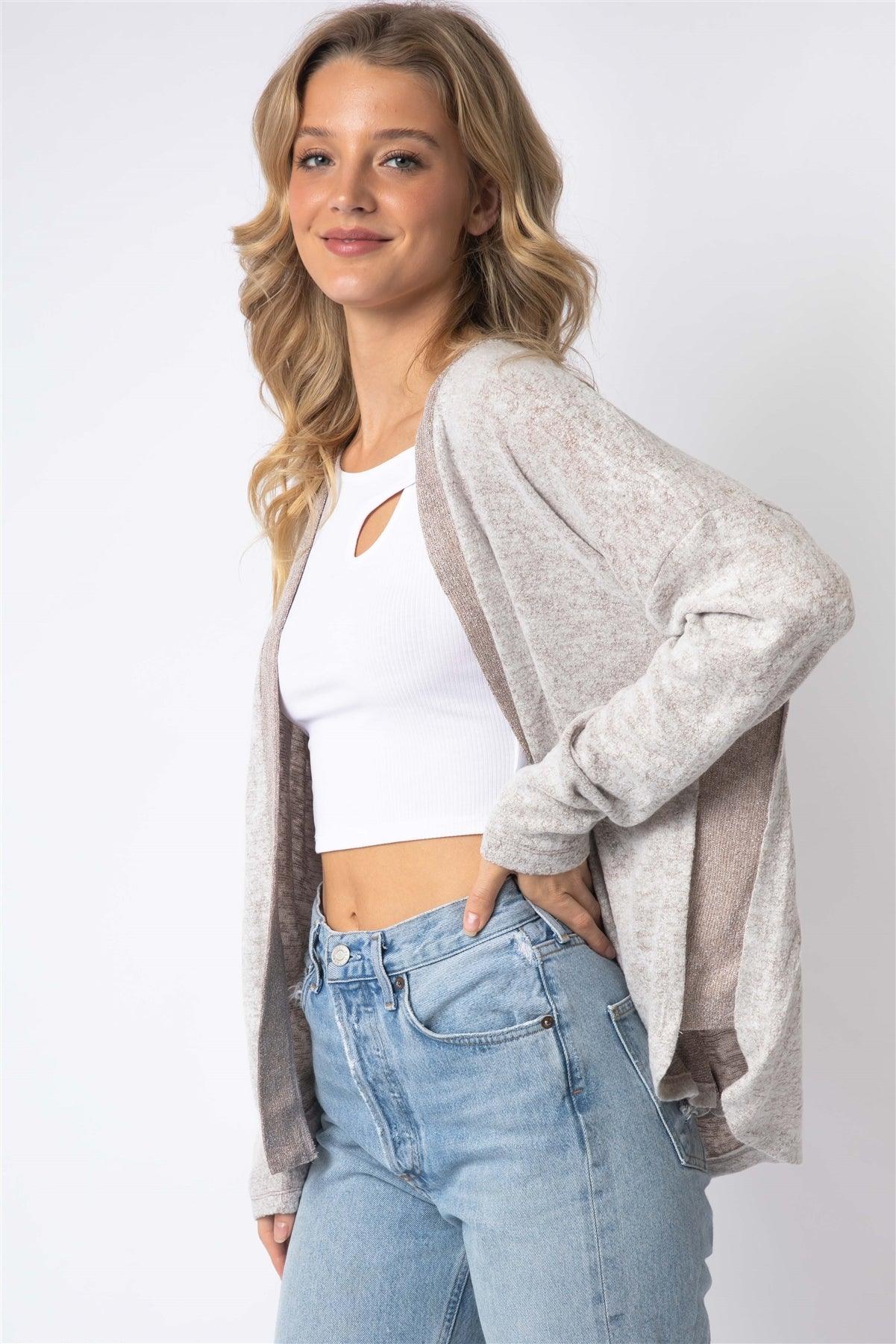 Taupe Textured Side Detail Long Sleeve Cardigan /1-1-1