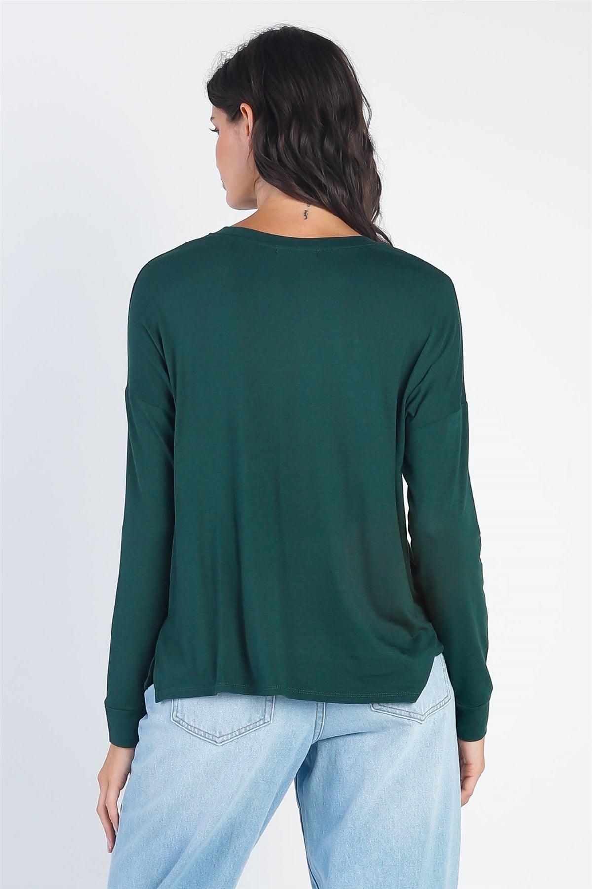 Heather Green V-Neck Cuff Long Sleeve Top /1-1-1