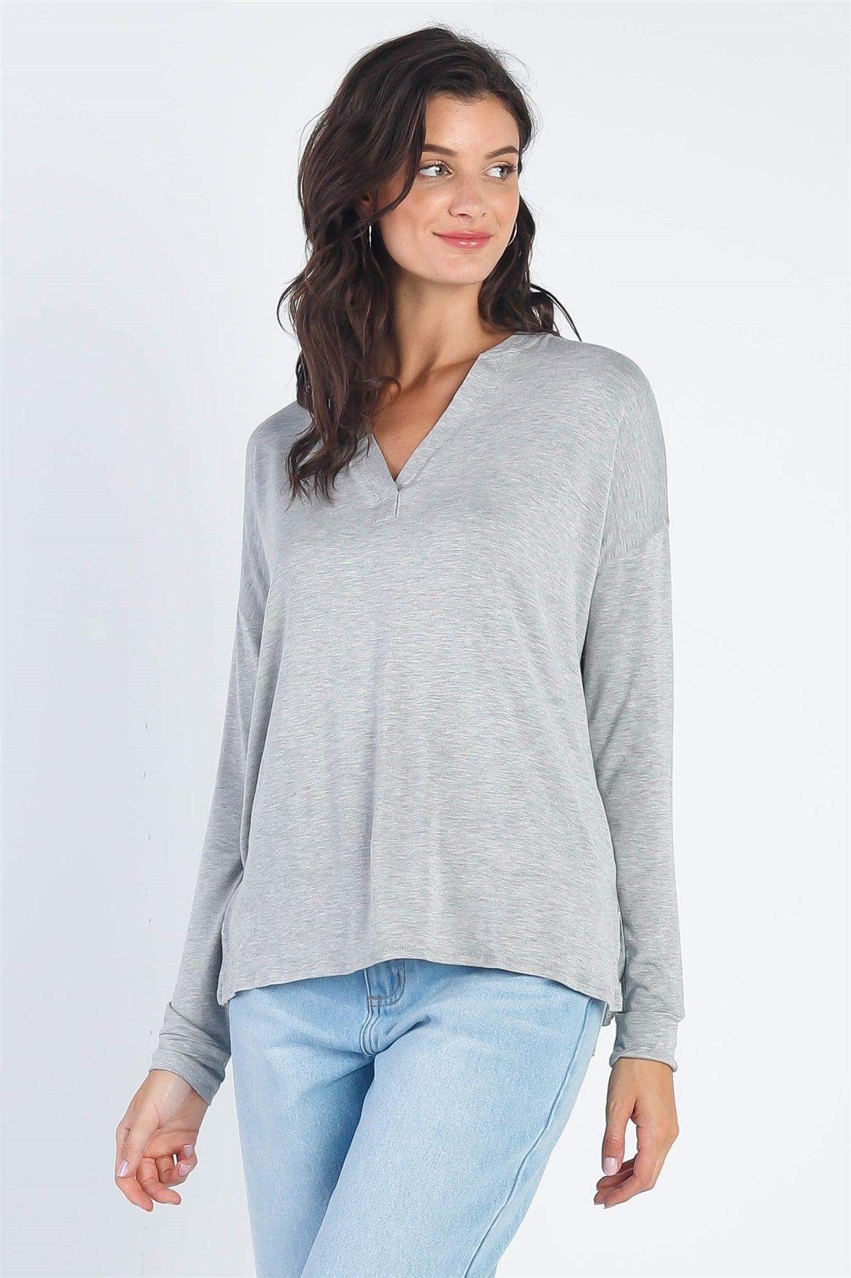 Heather Grey V-Neck Cuff Long Sleeve Top /1-1-1