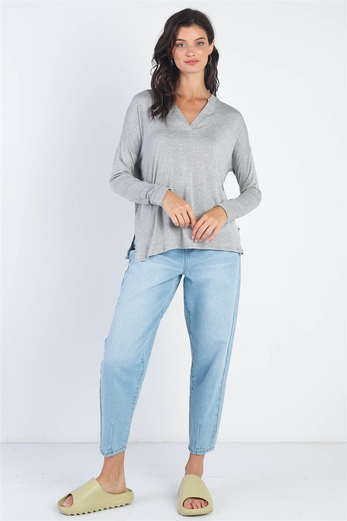 Heather Grey V-Neck Cuff Long Sleeve Top /1-2-2