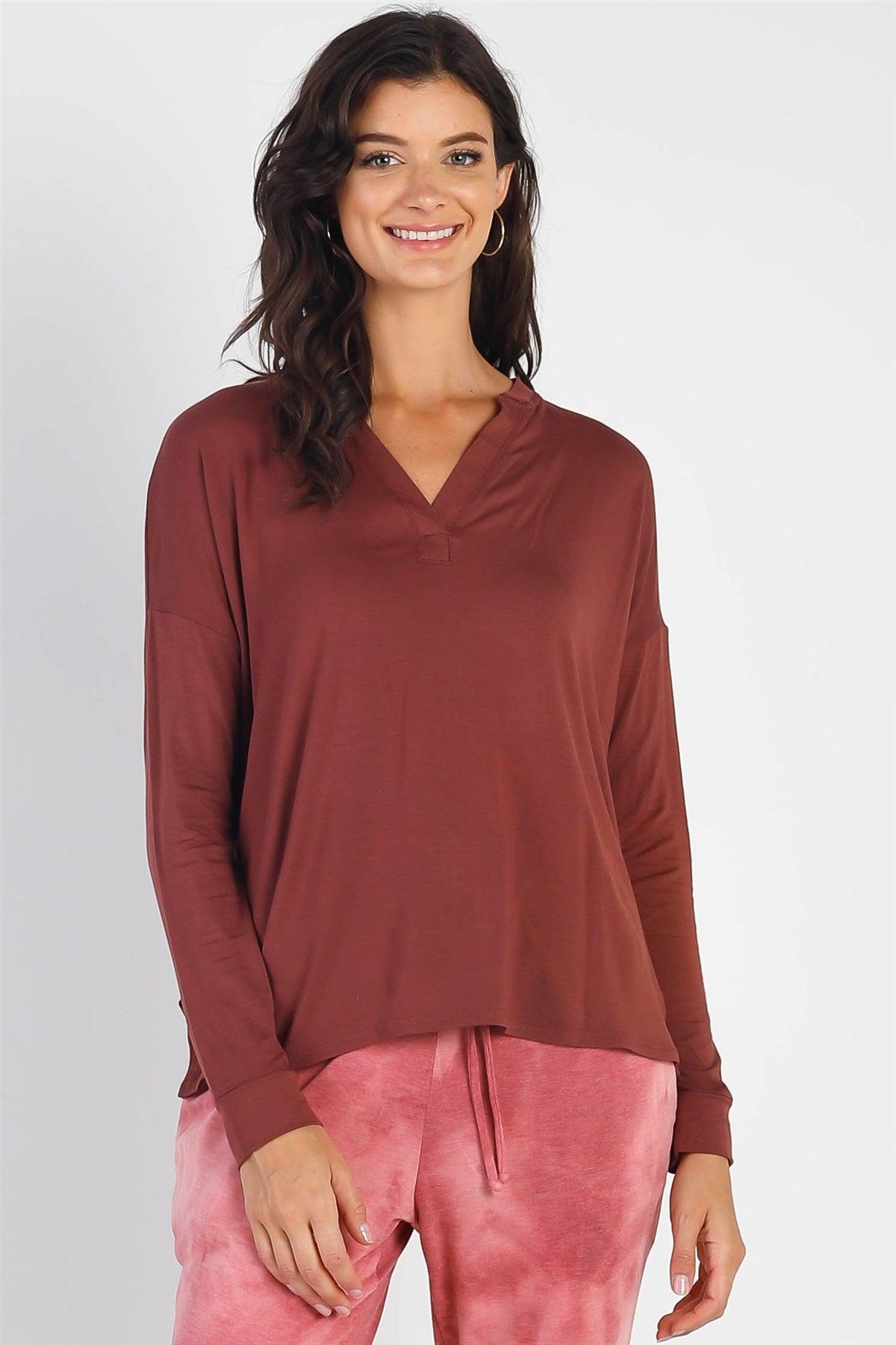 Red Brown V-Neck Cuff Long Sleeve Top /1-1-1