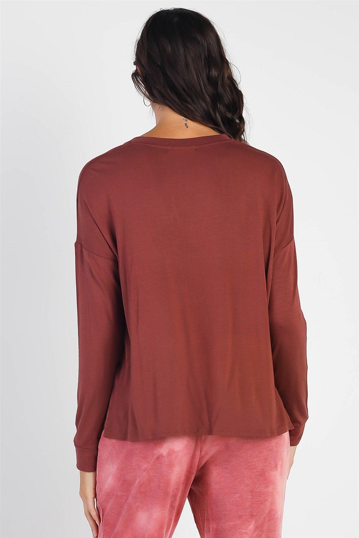 Red Brown V-Neck Cuff Long Sleeve Top /1-1-1