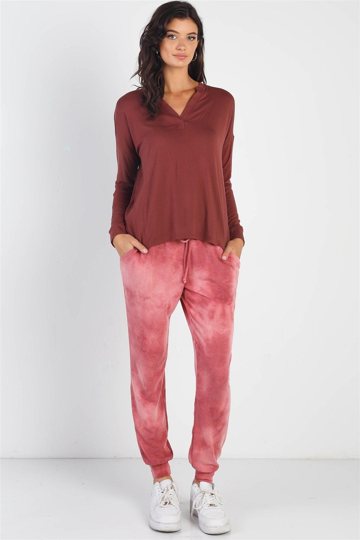 Red Brown V-Neck Cuff Long Sleeve Top /1-1-1