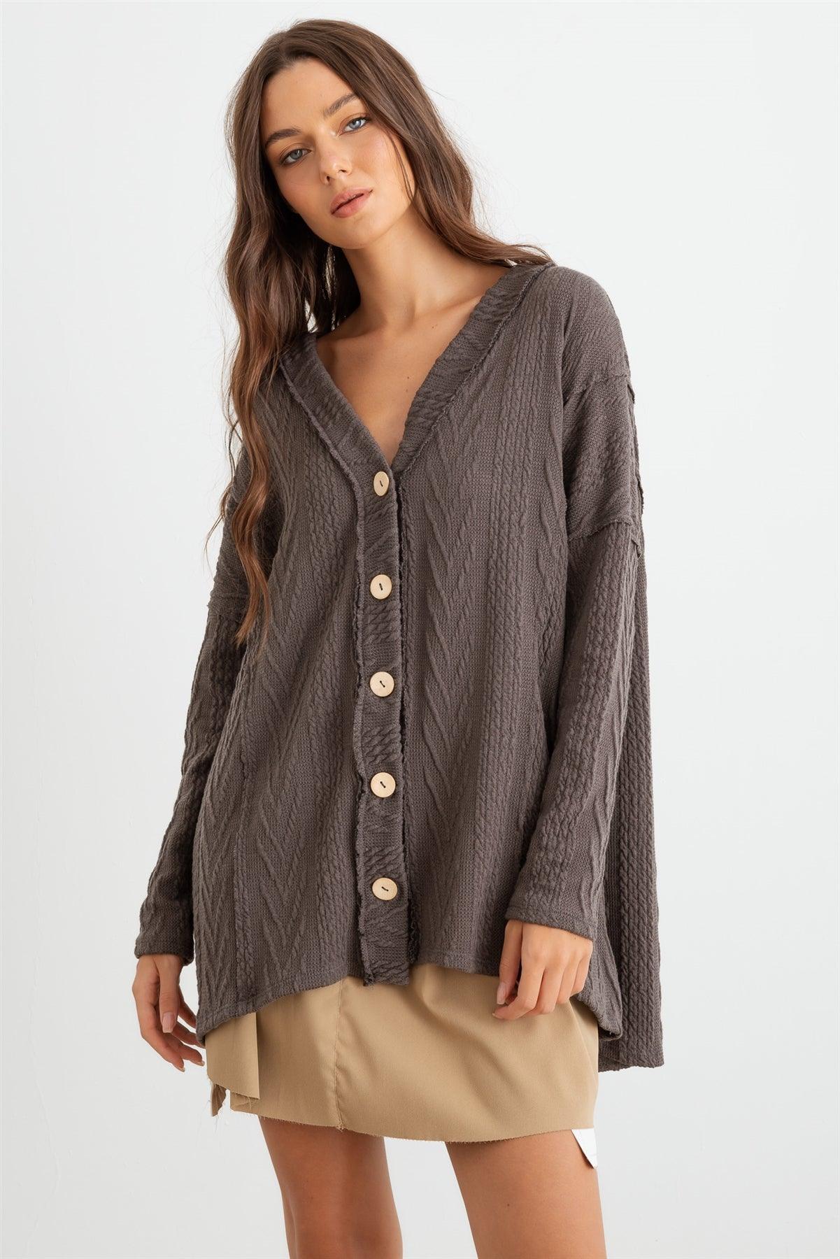 Charcoal Cable Knit Button-Up Long Sleeve Cardigan /1-1-1