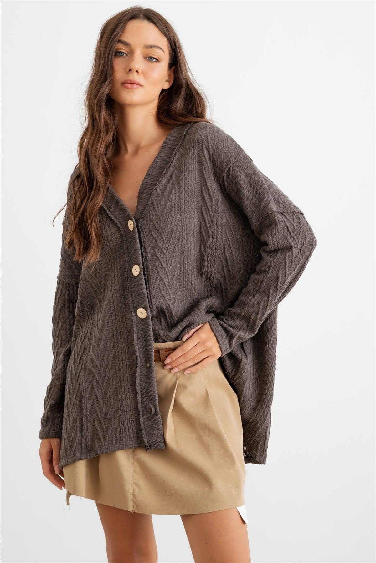 Charcoal Cable Knit Button-Up Long Sleeve Cardigan /1-1-1