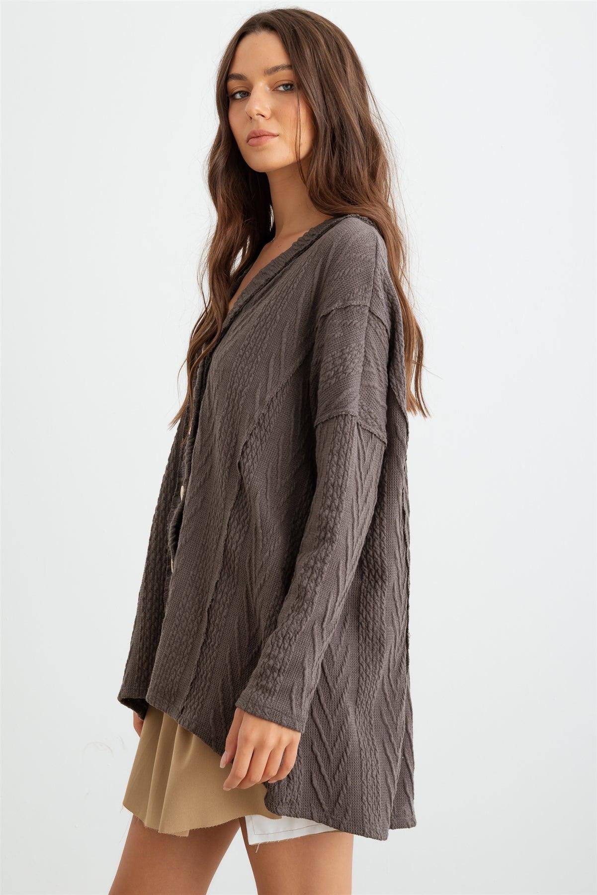 Charcoal Cable Knit Button-Up Long Sleeve Cardigan /1-1-1