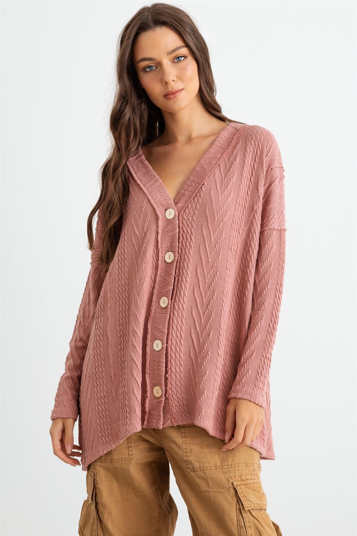 Mauve Cable Knit Button-Up Long Sleeve Cardigan /1-1-1