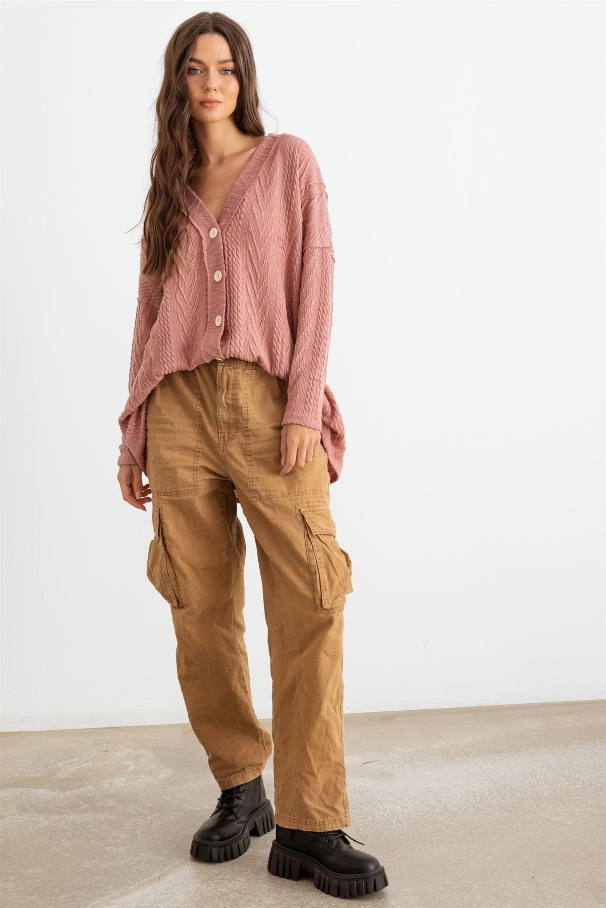 Mauve Cable Knit Button-Up Long Sleeve Cardigan /1-1-1