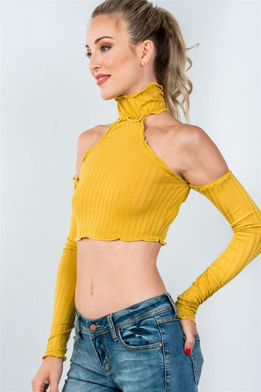 Mustard Ruffle Frill Hem Long Sleeve Crop Top /2-2-2