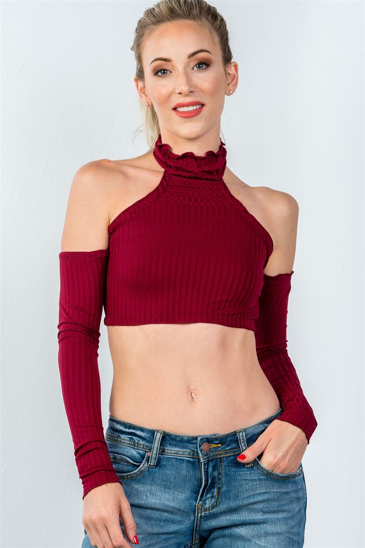 Wine Ruffle Frill Hem Long Sleeve Crop Top /2-2-2