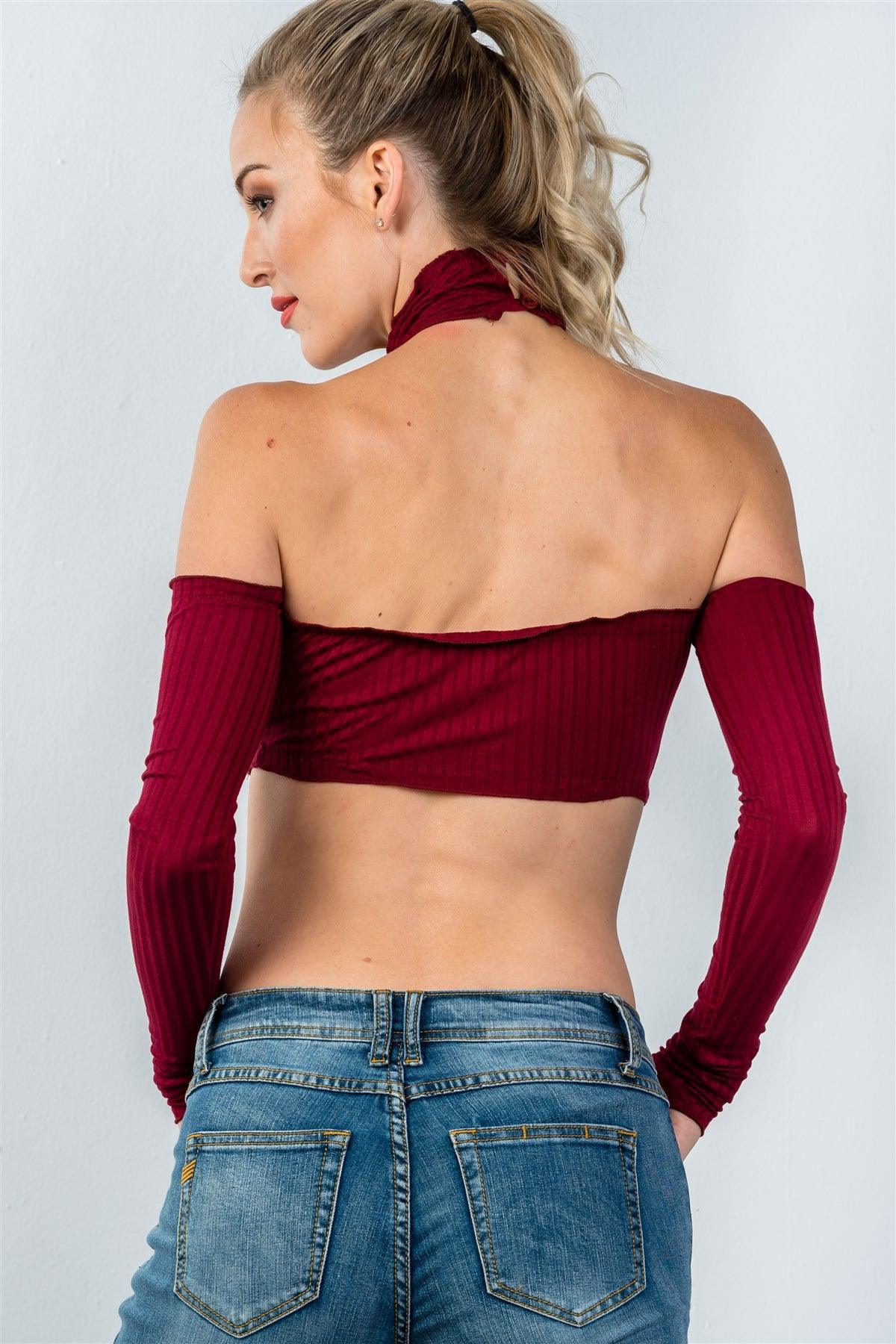 Wine Ruffle Frill Hem Long Sleeve Crop Top /2-2-2