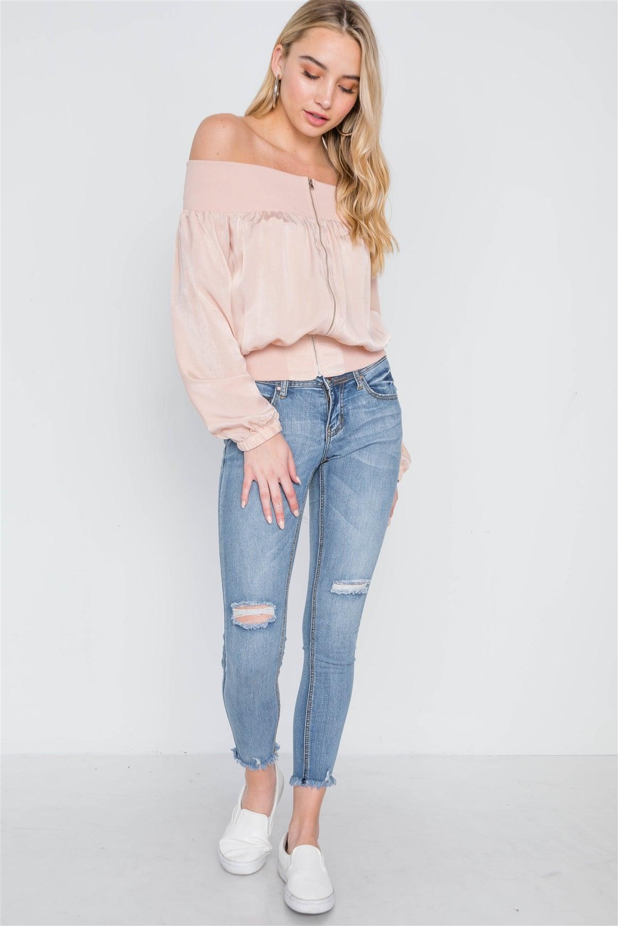 Blush Off-The-Shoulder Light Zip-Up Bomber Jacket /1-2-1