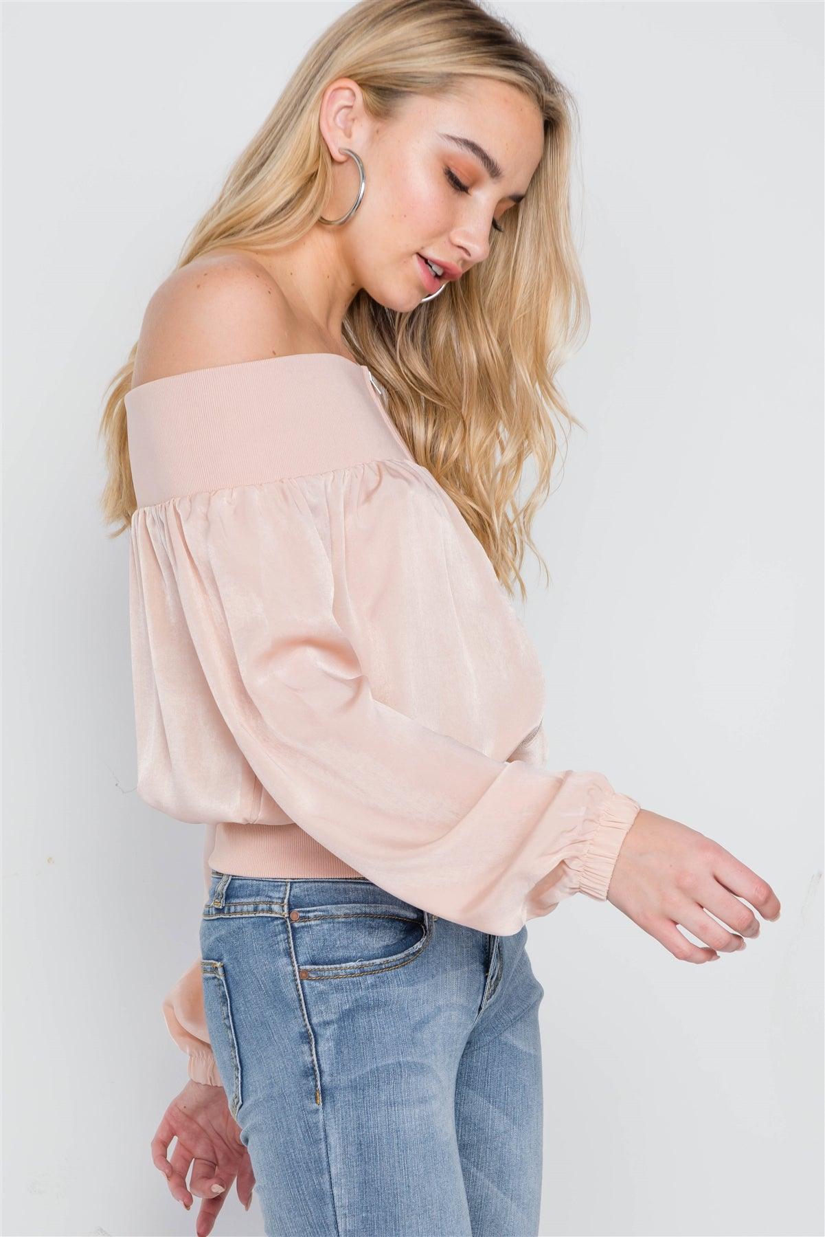 Blush Off-The-Shoulder Light Zip-Up Bomber Jacket /1-2-1