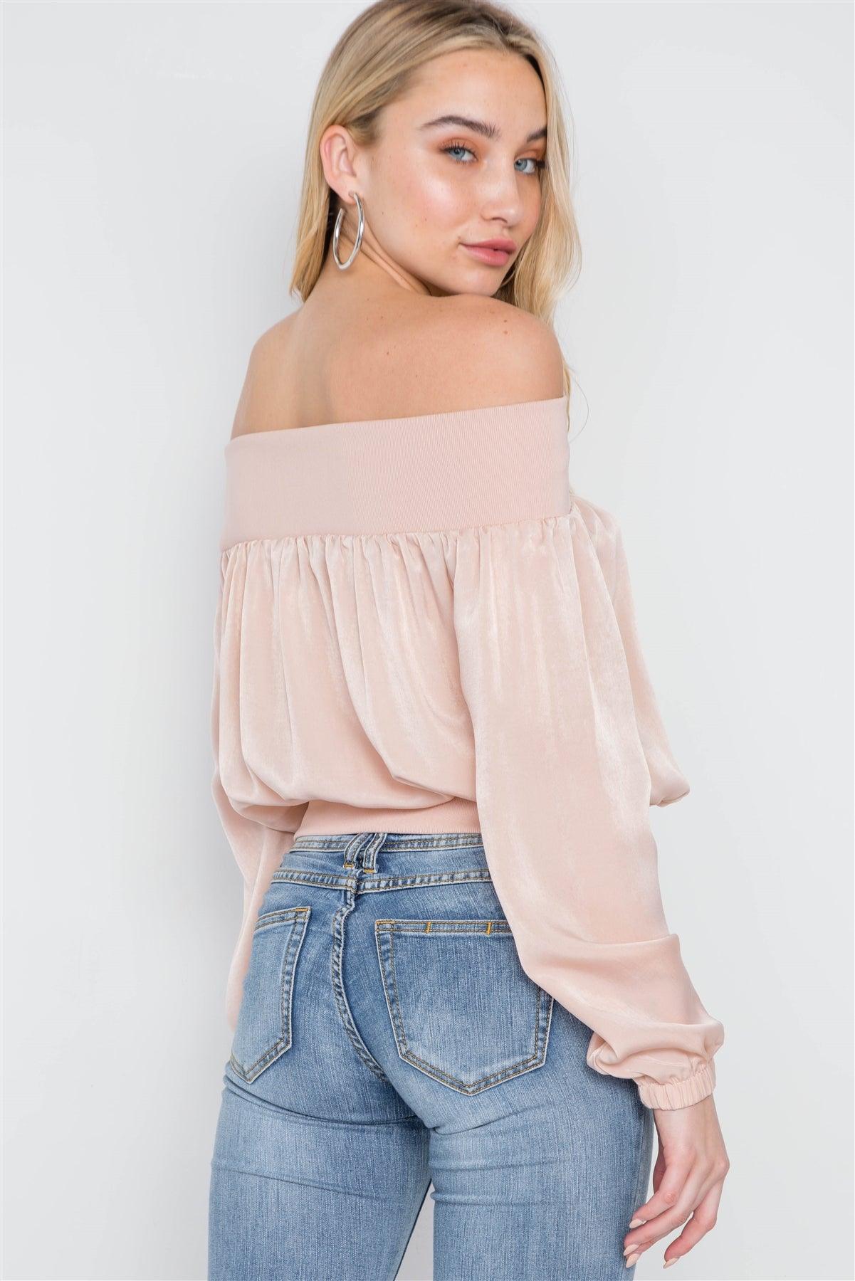 Blush Off-The-Shoulder Light Zip-Up Bomber Jacket /1-2-1